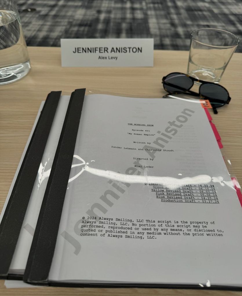 Jennifer Aniston at the first table read for season four of "The Morning Show," shared on Instagram