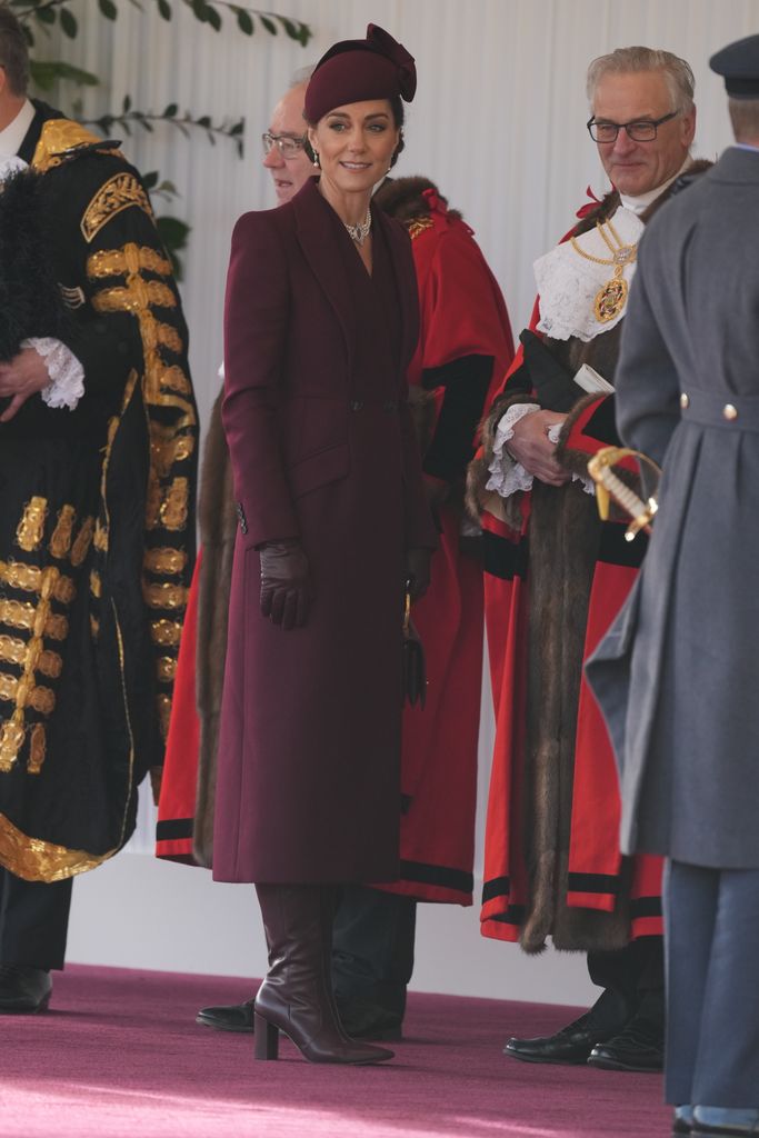 Princess Kate looked so chic in a burgundy coat dress and matching hat