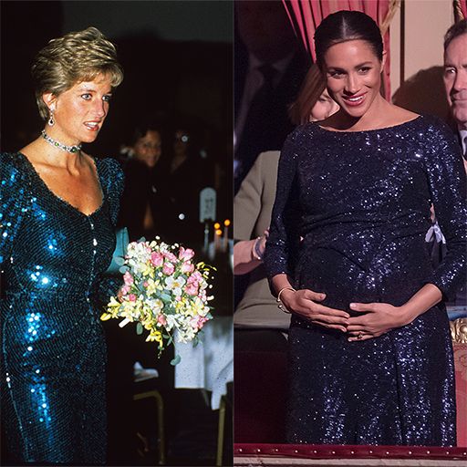 Princesa Diana e Meghan Markle vestindo a mesma roupa com lantejoulas