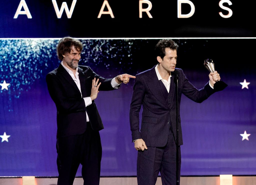 Andrew Wyatt and Mark Ronson accept the Best Song Award for "I'm Just Ken" (from 'Barbie') onstage during the 29th Annual Critics Choice Awards at Barker Hangar on January 14, 2024 in Santa Monica, California.