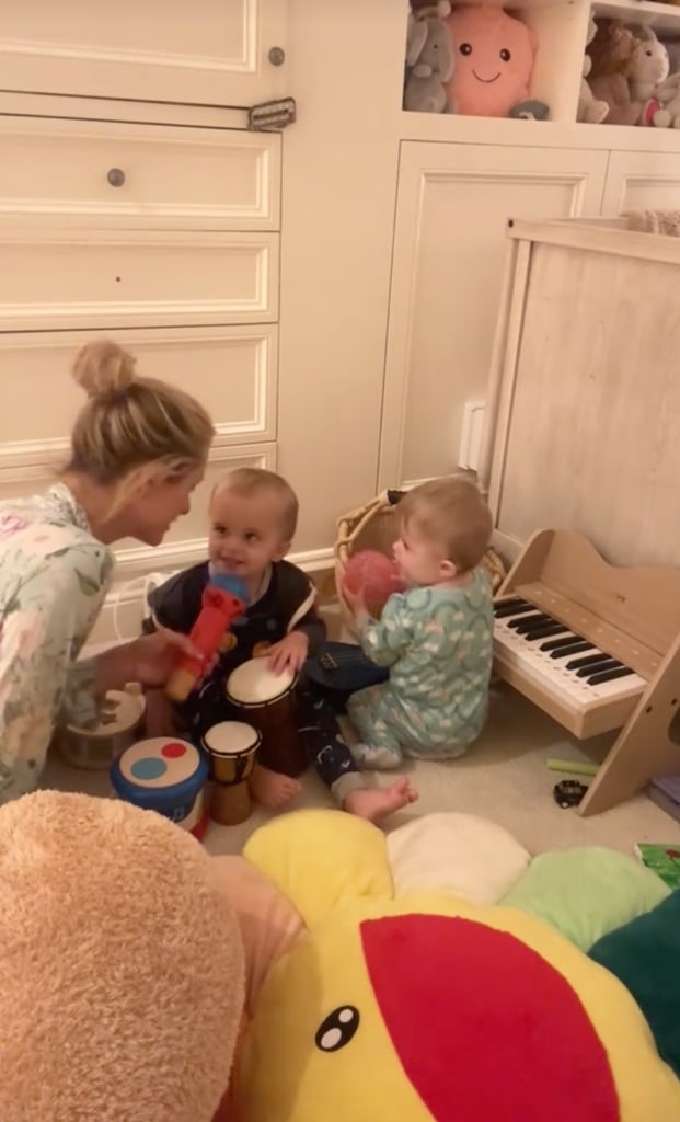 Still from a TikTok shared by Paris Hilton December 2024 in which she is singing her "Sanasa" song with her kids Phoenix and London