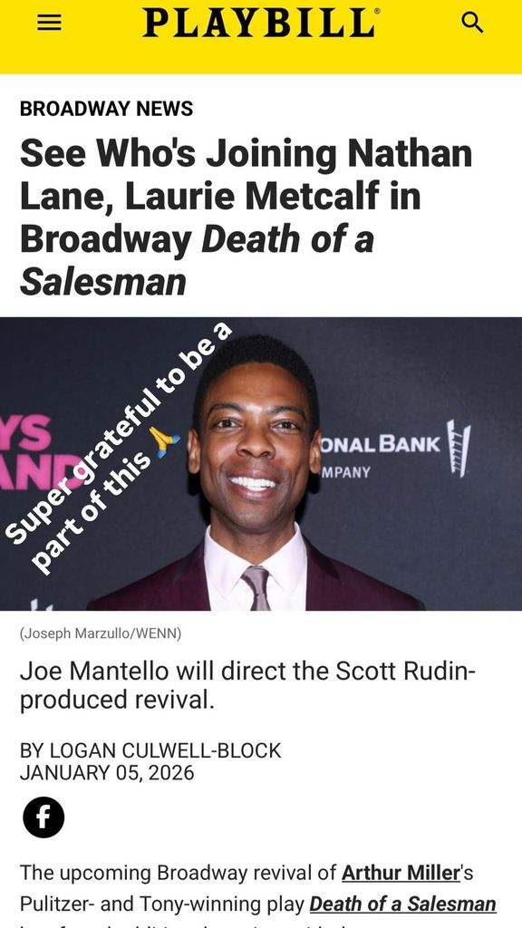 Joaquin Consuelos shares a snippet from a Playbill article advertising the cast for the 2026 Broadway revival of "Death of a Salesman" on Instagram