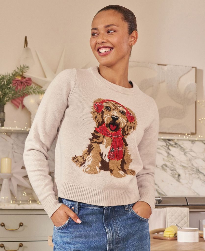 Cream Tartan Dog Graphic Matching Family Christmas Jumper