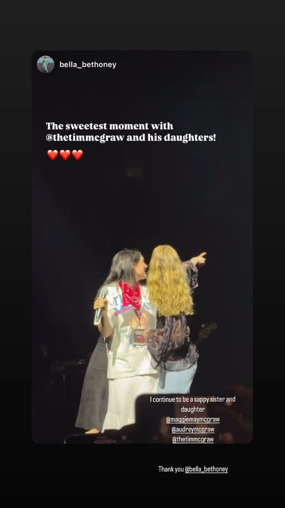Gracie, Maggie and Audrey McGraw captured onstage during their father Tim McGraw's show at Bridgestone Arena on May 31, 2025, shared on Instagram Stories