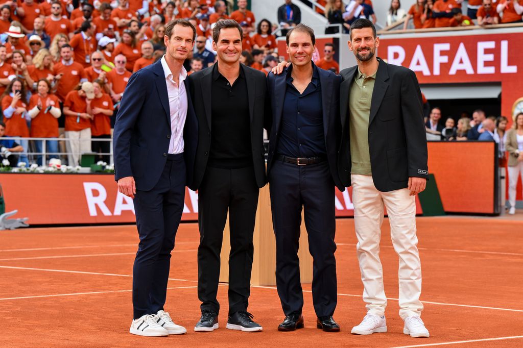 Andy Murray seen with Rafael Nadal, Roger Federer and Novak Djokovic on Day One of the 2025 French Open