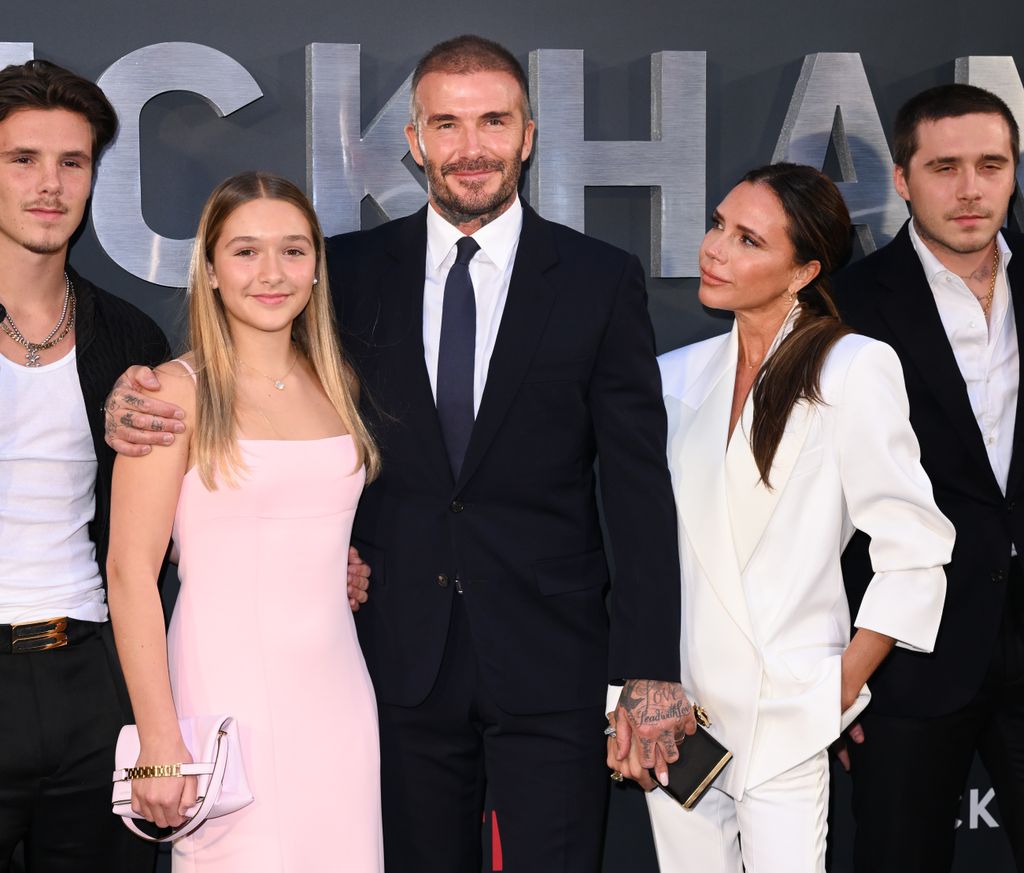 Harper Beckham, David Beckham and Victoria Beckham attend the Netflix 'Beckham' UK Premiere at The Curzon Mayfair on October 03, 2023 in London, England. 
