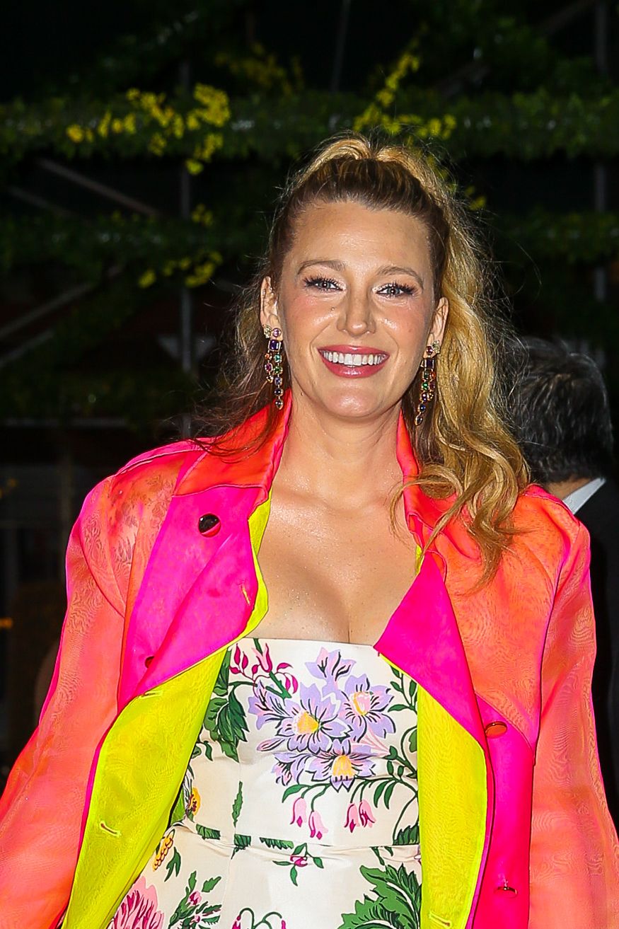 Blake Lively in a floral dress and colorful coat attending Barnard College's Annual Gala in new York City on April 24