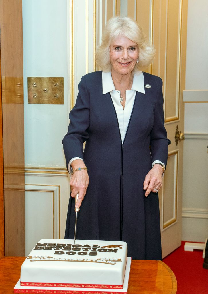Queen Camilla cuts a cake in celebration of MDD's anniversary