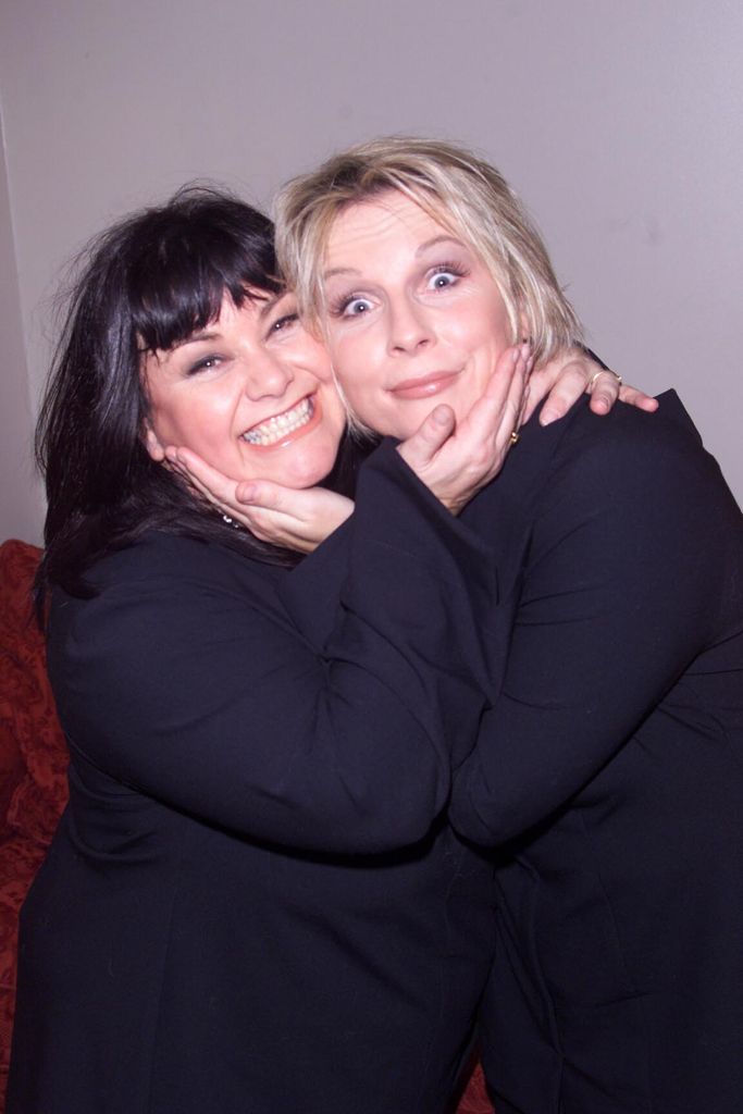Comediennes Dawn French (L) and Jennifer Saunders (R) backstage at the Hammersmith Apollo, London on Novermber 8 2000.