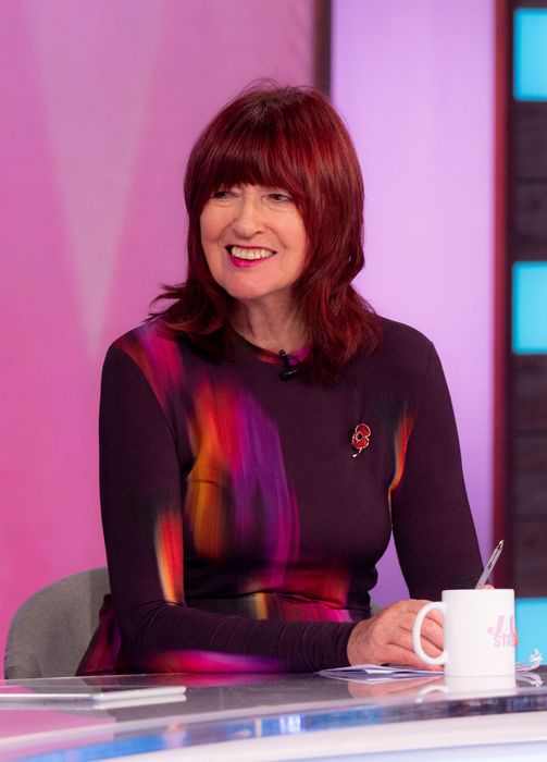 Janet Street Porter smiling on the loose women set in a pretty printed jumper