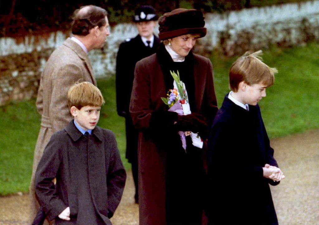 Princess Diana and their sons, William and Harry, leave the church of St. Mary Magdalene near Sandrigham House on Christmas Day