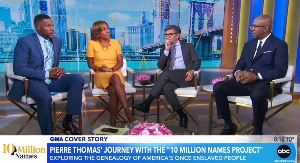 Michael Strahan, Robin Roberts, George Stephanopoulos and Pierre Thomas