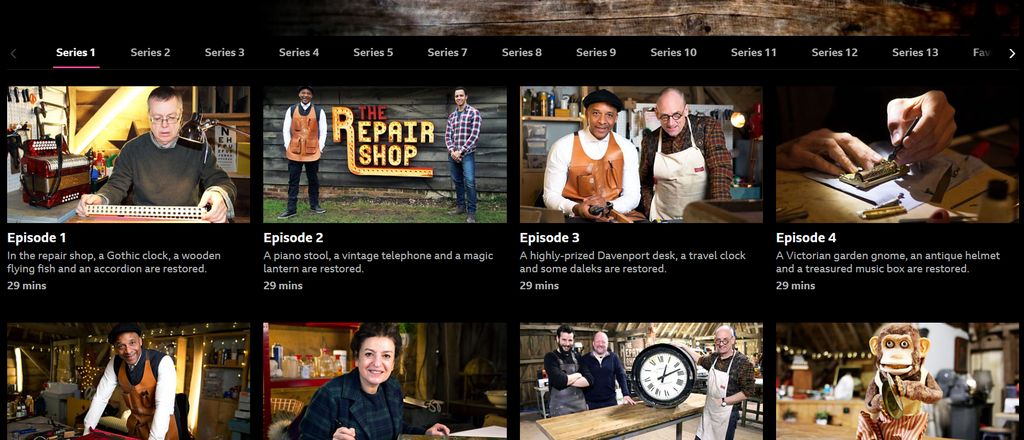 Screenshot of old episodes of The Repair Shop featuring Jay Blades