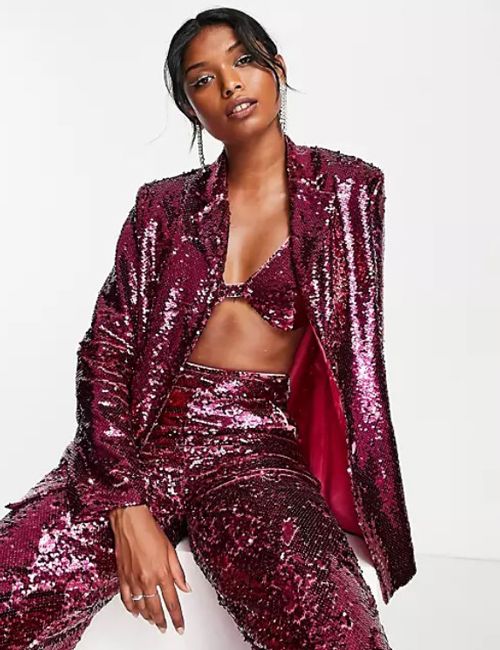 pink sparkly suit jacket and matching flares available to shop on asos