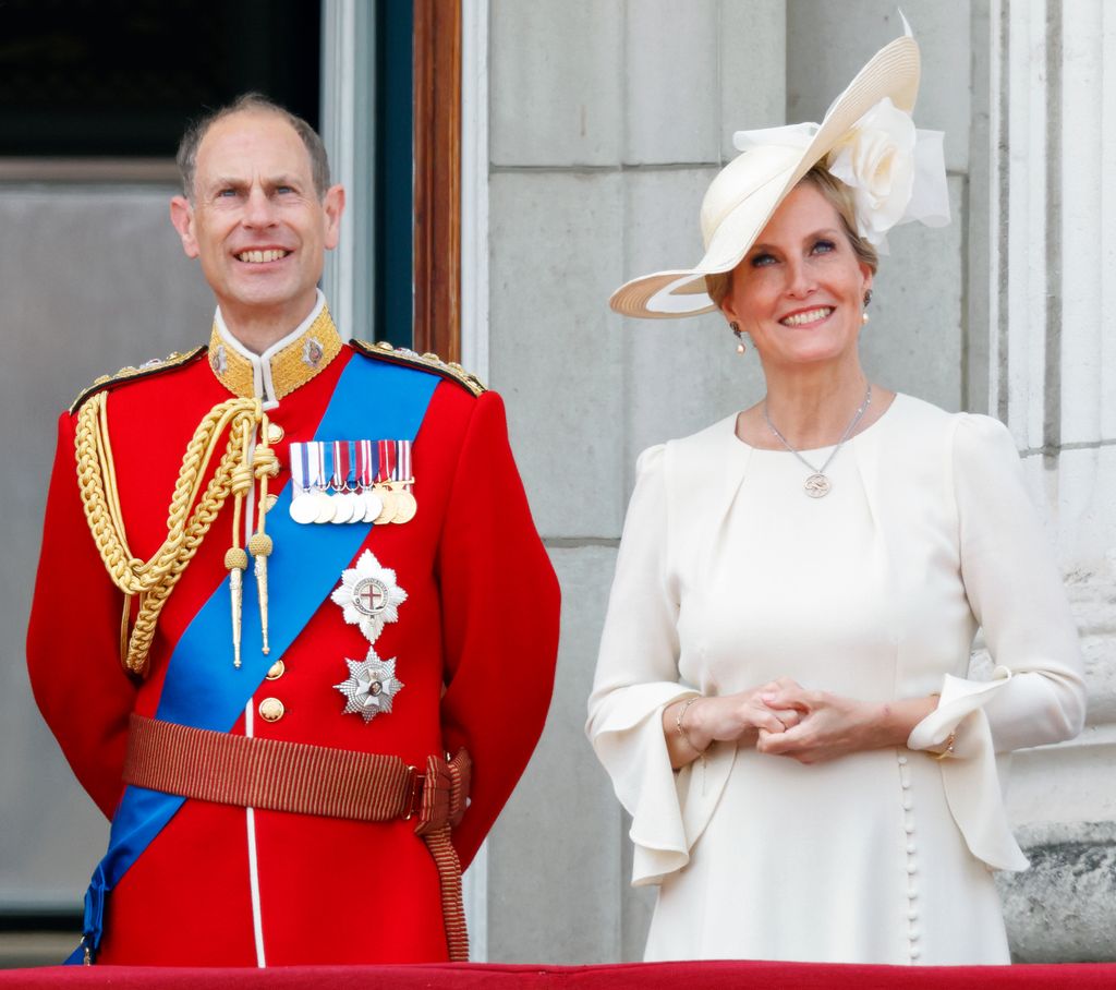 Prince Edward and Sophie smile on the balcony of Buckingham Palace during Trooping the Colour 2023