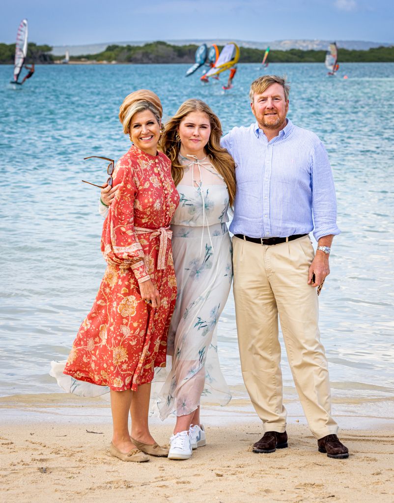 Queen Maxima, Princess Amalia and King Willem-Alexander of The Netherlands during their tour of the Dutch Caribbean Islands in January 2023