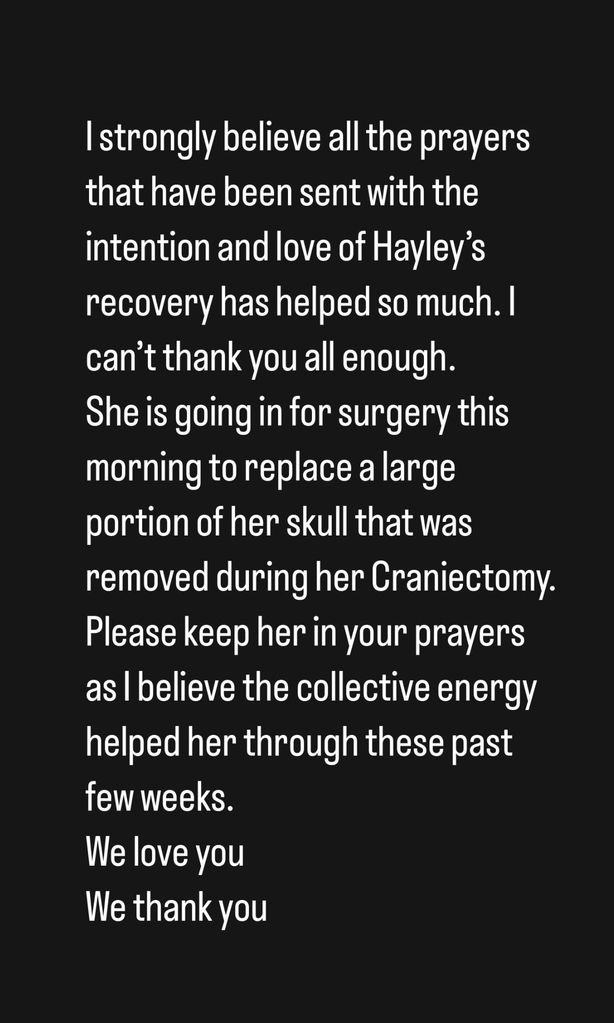 Statement shared by Derek Hough on his Instagram Stories December 19 2023 sharing an update concerning his wife Hayley Erbert's health after her sudden cranial hematoma on December 7
