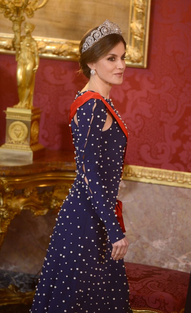 Queen Letizia of Spain last wore the Cartier tiara at a dinner gala for the President of Portugal Marcelo Rebelo de Sousa at the Royal Palace on April 16, 2018 in Madrid, Spain