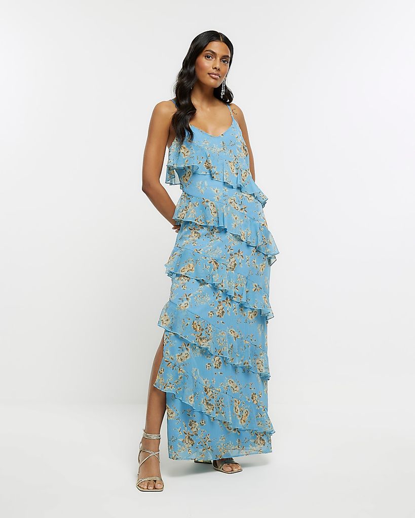 river island blue floral ruffle dress