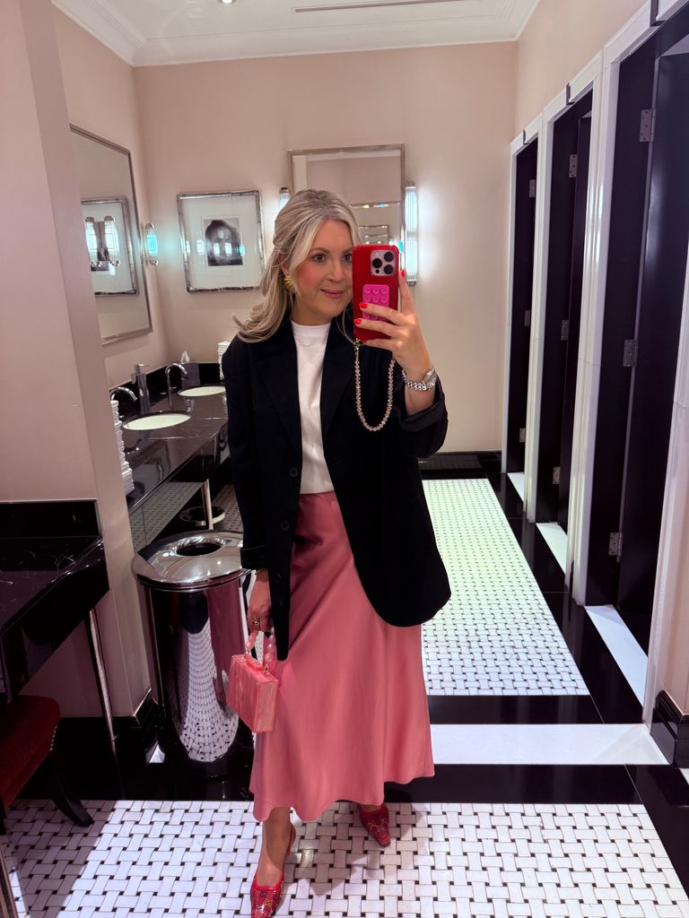 Comfort (pull on satin skirt) + Structure (tailored black blazer) + One Statement Piece (colour pop accessories) 