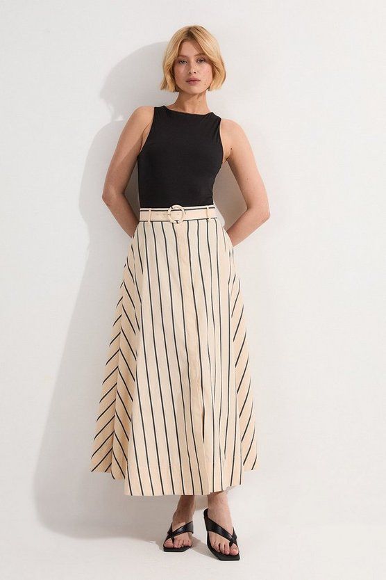 Karen millen Cotton Stripe Belted Woven Maxi Skirt