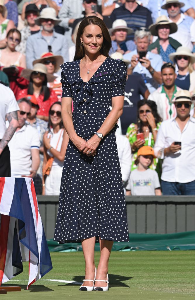 LONDON, ENGLAND - JULY 10: Catherine, Duchess of Cambridge attends the Men's Singles Final at All England Lawn Tennis and Croquet Club on July 10, 2022 in London, England. (Photo by Karwai Tang/WireImage)