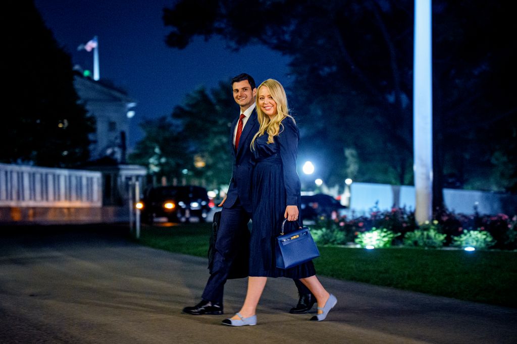 Tiffany Trump, the daughter of U.S. President Donald Trump, and her husband Michael Boulos arrive with U.S. President Donald Trump and first lady Melania Trump at the White House on September 18, 2025 in Washington, DC.