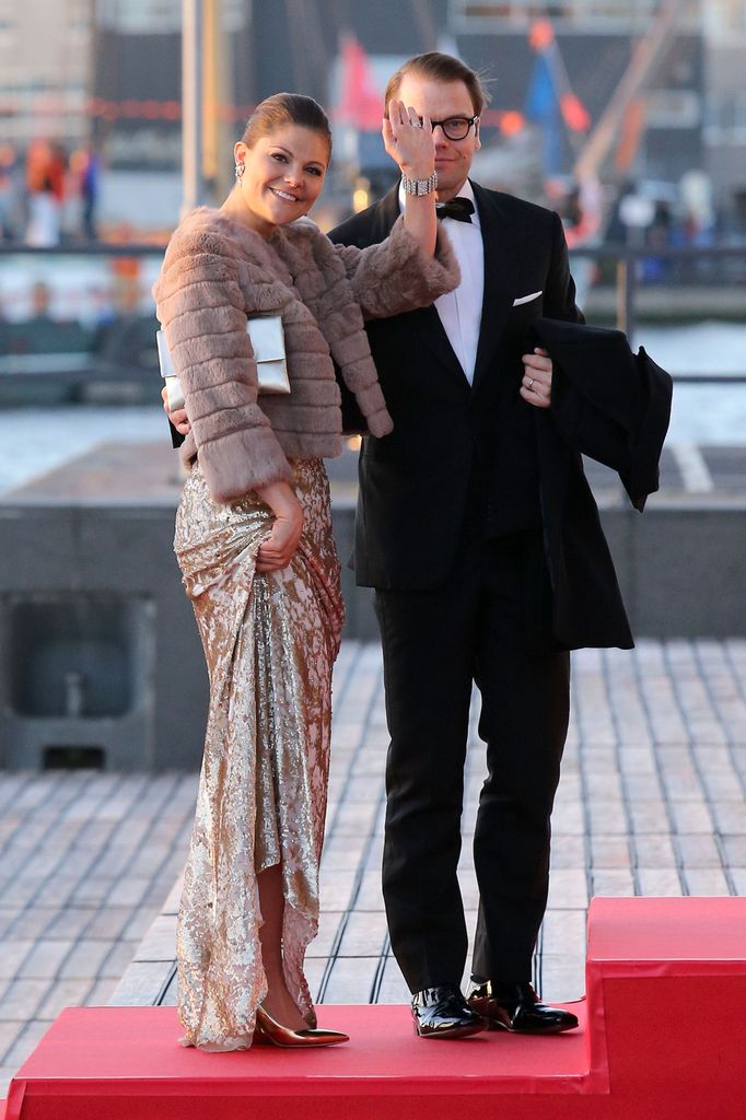 Crown Princess Victoria and Crown Prince Daniel of Sweden arrive at the Muziekbouw following the water pageant after the abdication of Queen Beatrix of the Netherlands and the Inauguration of King Willem Alexander of the Netherlands