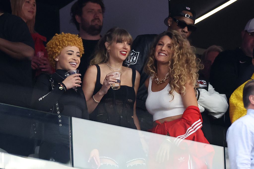 Singer Taylor Swift and Actress Blake Lively react prior to Super Bowl LVIII between the San Francisco 49ers and Kansas City Chiefs at Allegiant Stadium on February 11, 2024 in Las Vegas, Nevada.
