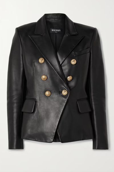 black leather balmain blazer