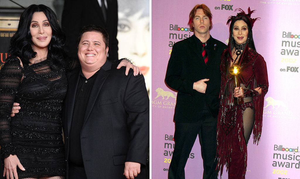 Split image of Cher standing with Chaz Bono and Elijah Blue Allman