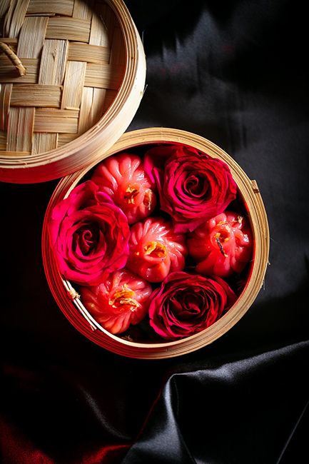pink bao buns designed to look like roses from tattu london restaurant