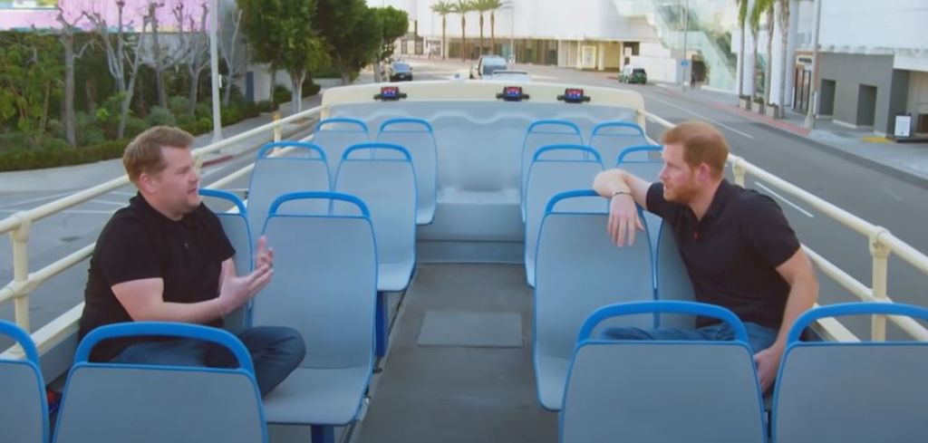 James Corden with Prince Harry on tour bus