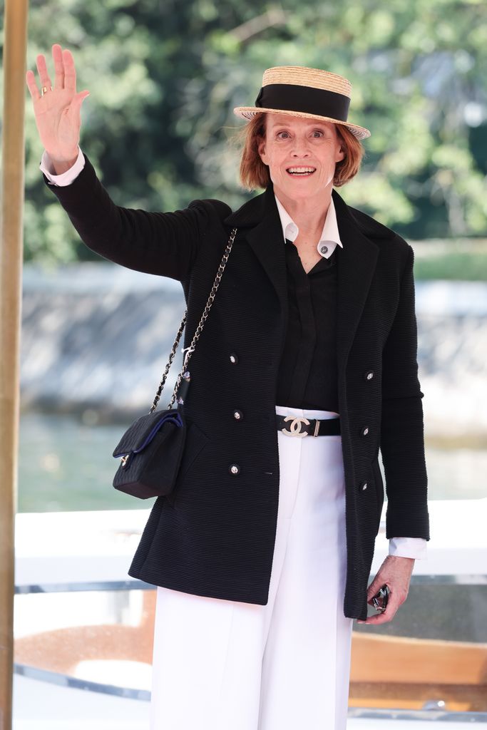 Sigourney Weaver arrives at the Excelsior pier ahead of the 81st Venice International Film Festival at Excelsior Hotel on August 27, 2024 in Venice, Italy