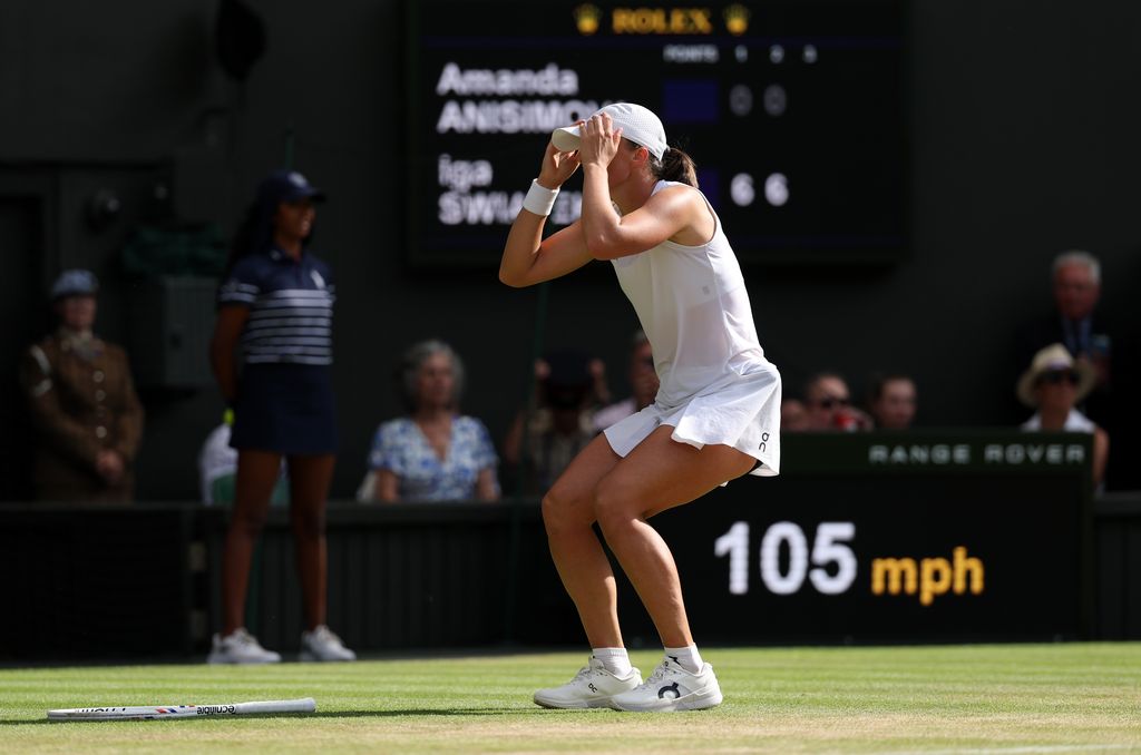 Iga Swiatek of Poland celebrates winning Championship point against Amanda Anisimova of United States in the Ladies' Singles Final on day thirteen of The Championships Wimbledon 2025 