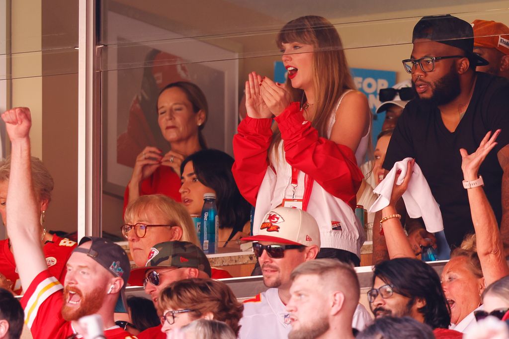 Taylor Swift is seen during a game between the Chicago Bears and the Kansas City Chiefs at GEHA Field at Arrowhead Stadium on September 24, 2023