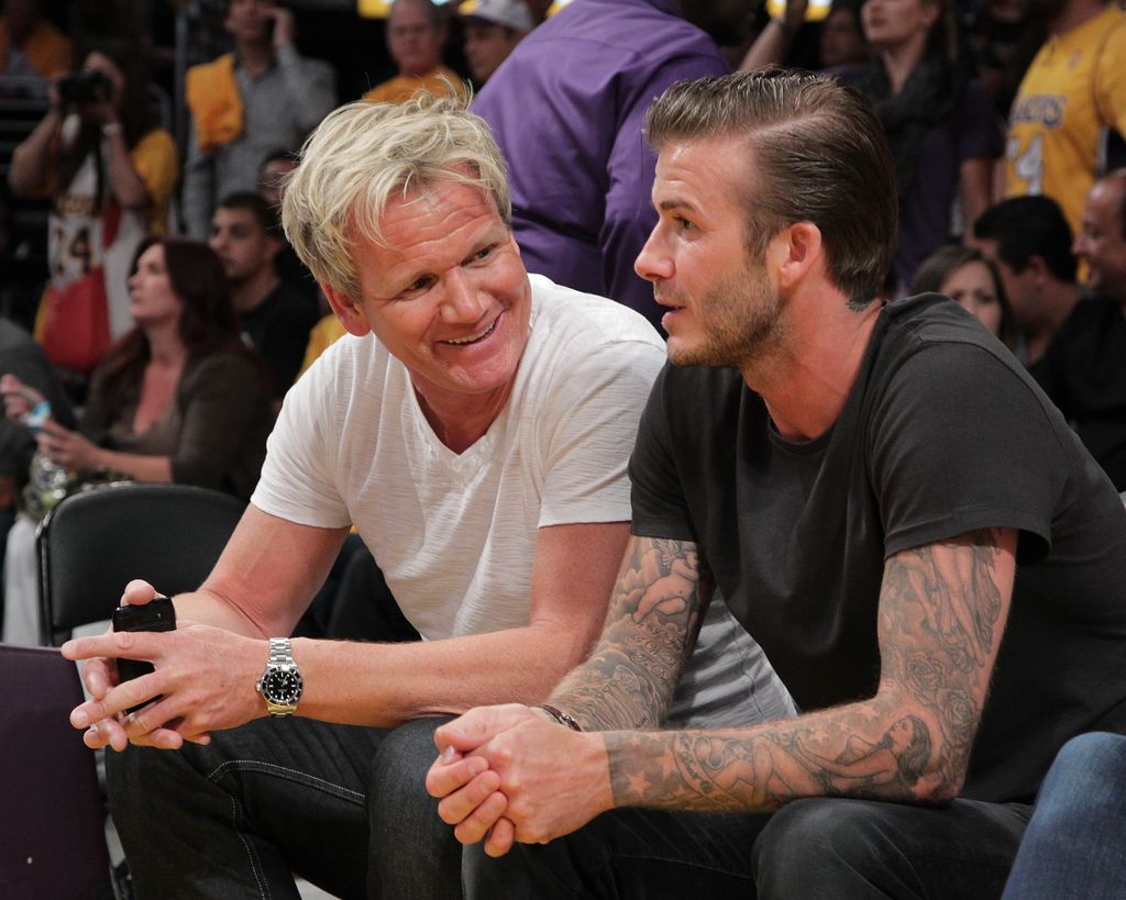 Gordon Ramsay (L) and David Beckham attend Lakers game