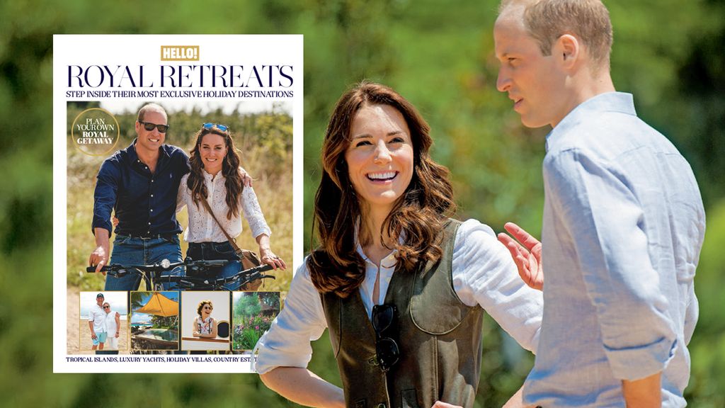 Prince William and Princess Kate smiling on holiday and inset of the William and Kate on a magazine cover