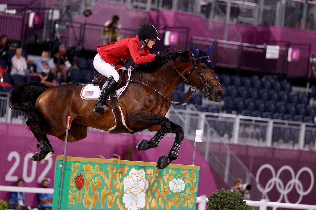 Jessica Springsteen of the US riding Don Juan van de Donkoeve riding Indiana competes in the equestrian's jumping team jump off between Sweden and the US during the Tokyo 2020 Olympic Games at the Equestrian Park in Tokyo on August 7, 2021. (Photo by Behrouz MEHRI / AFP) (Photo by BEHROUZ MEHRI/AFP via Getty Images)