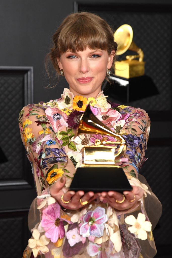 Taylor Swift, winner of the Album of the Year award for Folklore, poses in the media room during the 63rd Annual GRAMMY Awards 