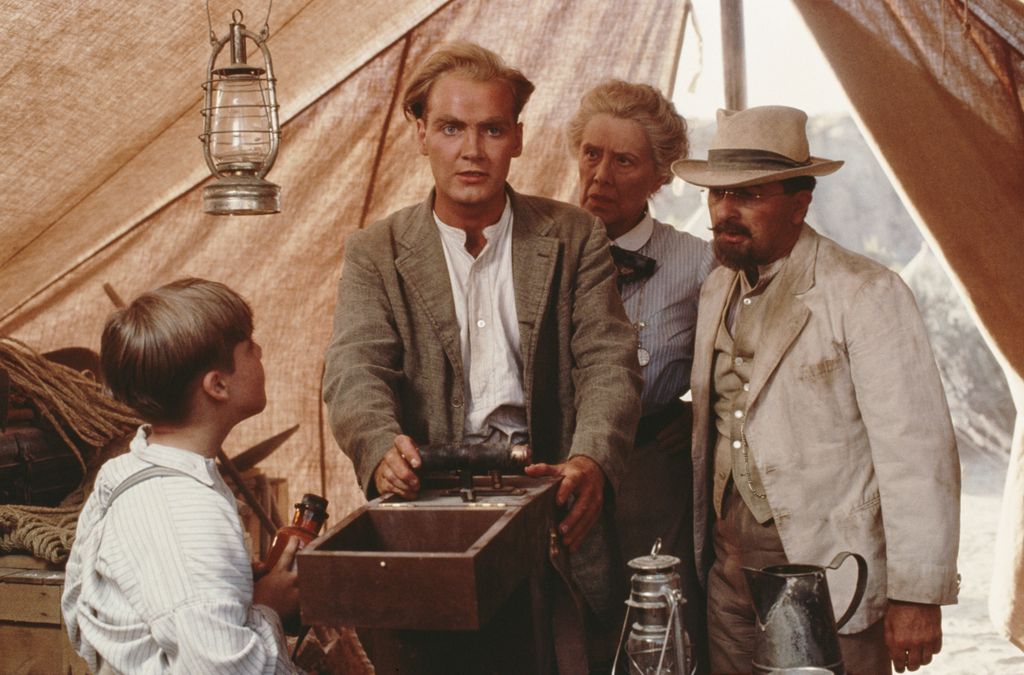 Actors Corey Carrier, Joseph Bennett,Margaret Tyzack and Tony Robinson star in the television series 'The Young Indiana Jones Chronicles', 1992. 