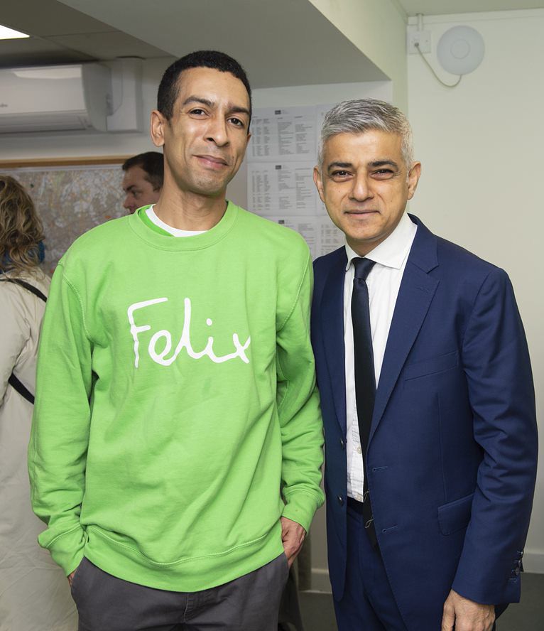 Marcus Roberts, relationship manger at The Felix project, with Sadiq Khan who visited the depot