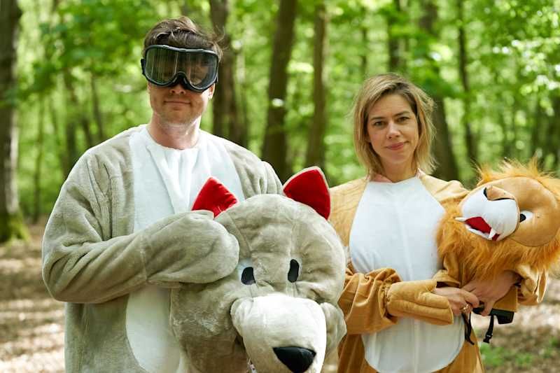 Ed Gamble and Lou Sanders in plush animal costumes