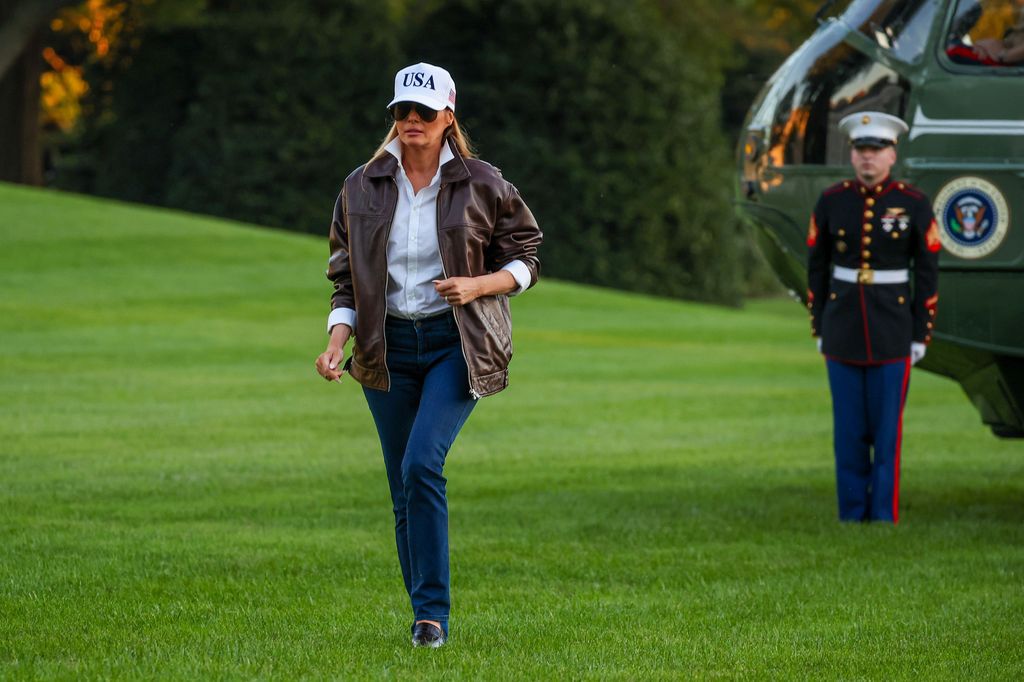 First lady Melania Trump walks on the South Lawn of the White House 