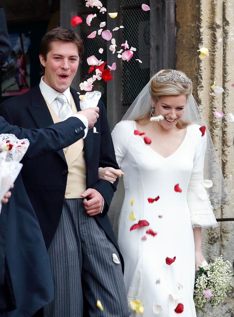 Harry Lopes cheers as he leaves his wedding ceremony with Laura Parker Bowles