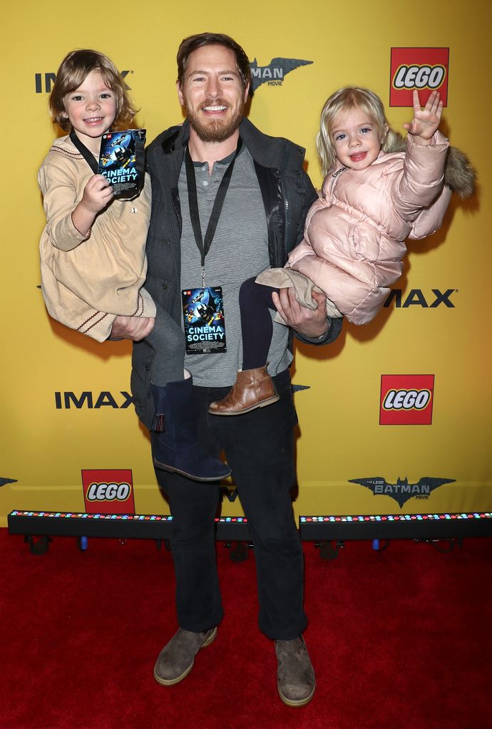 Will Kopelman (C) with Olive Barrymore Kopelman (L) and Frankie Barrymore Kopelman (R) attend "The Lego Batman Movie" New York screening at AMC Loews Lincoln Square 13 on February 9, 2017 in New York City
