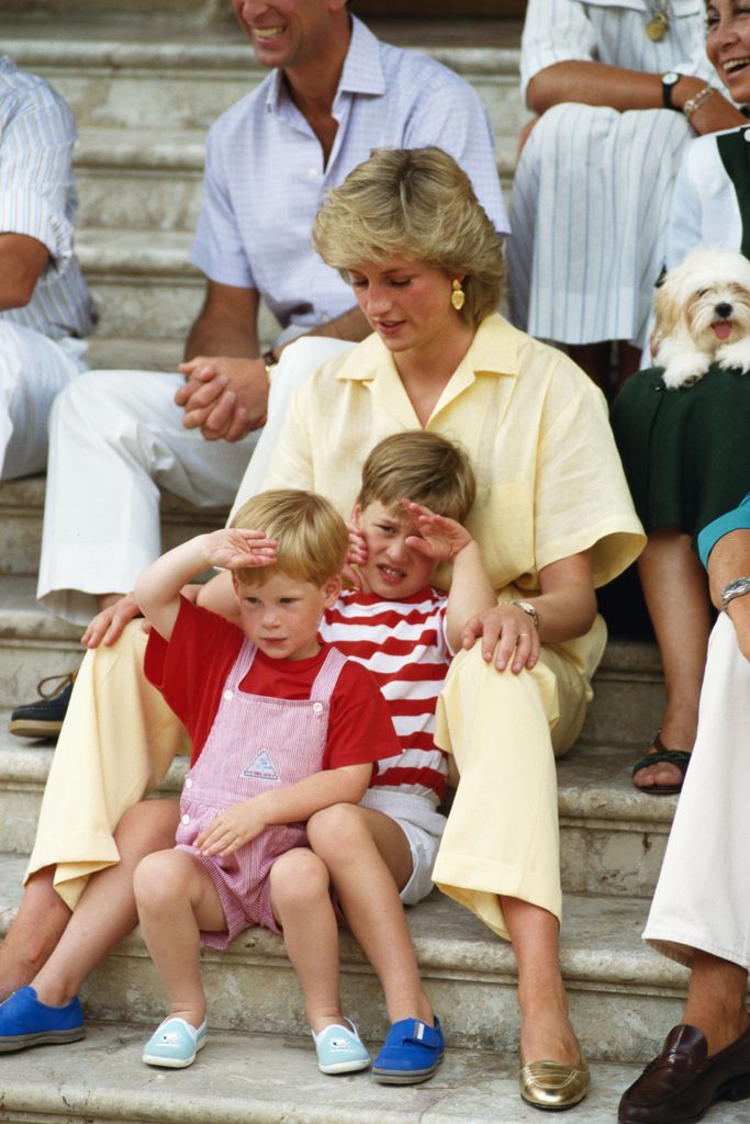 Princess Diana sitting on steps with william and harry 