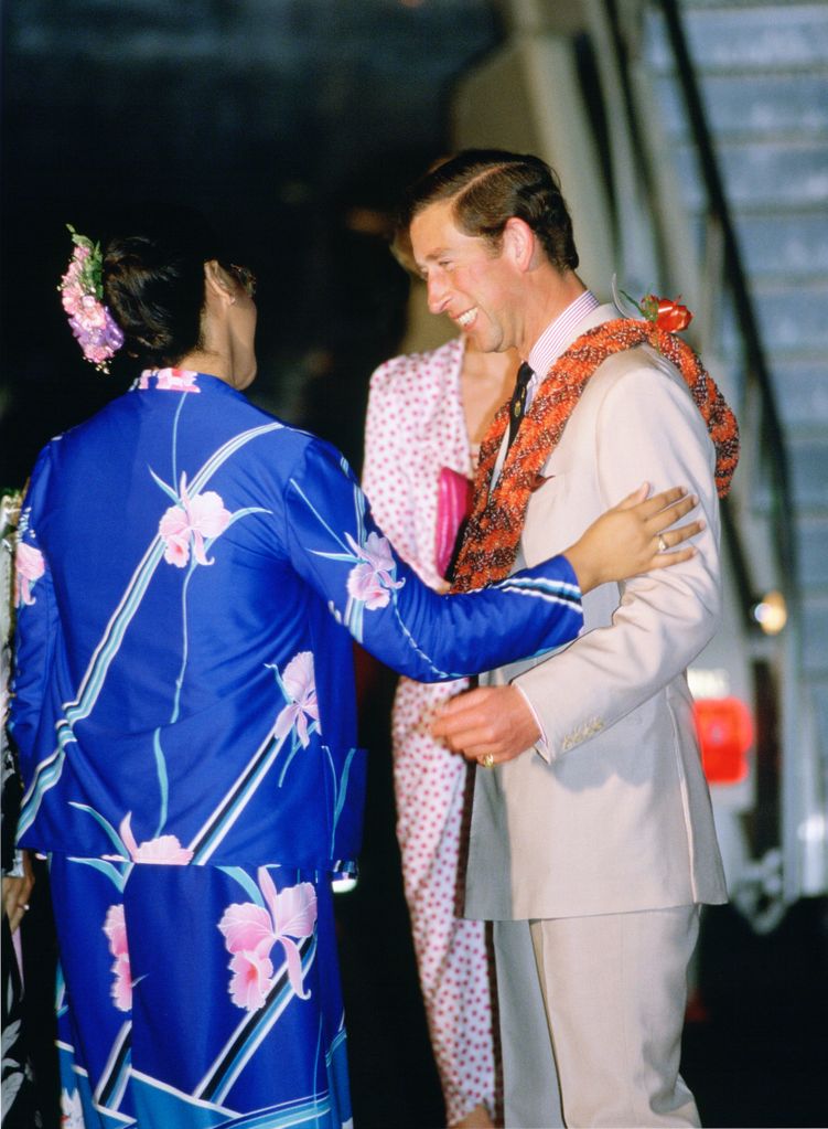King Charles, then known as Prince Charles, is presented with a garland as he is welcomed to Hawaii in 1985