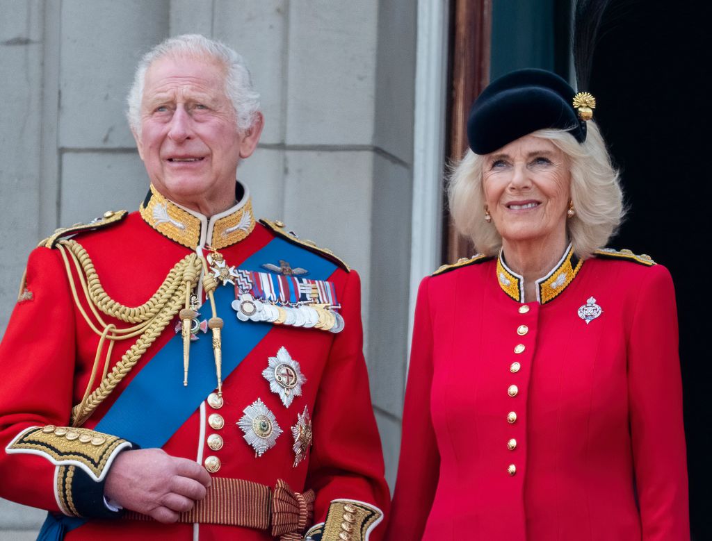 Charles and Camilla watching Trooping the Colour flypast