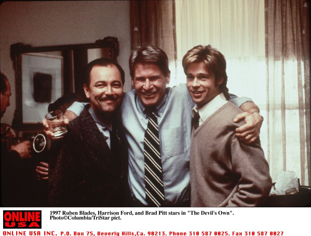 In 'The Devil's Own," Harrison plays an Irish-American cop in pursuit of Brad, an IRA soldier in search of black market missiles.  (In this pic, they posed on set with their costar Ruben Blades.)